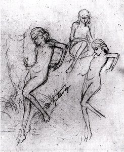 沐浴在陡峭的银行的仙女 作者 扬·维米尔·范·代尔夫特